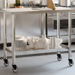 Restauration-vidaXL Table de travail de cuisine avec roues 110x55x85 cm inox