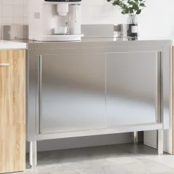 vidaXL Table de travail de cuisine avec portes coulissantes inox