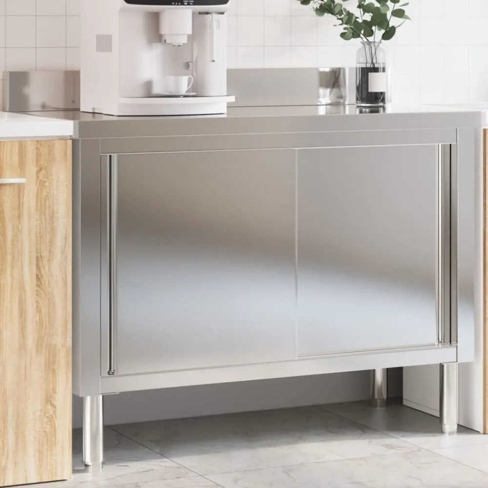 vidaXL Table de travail de cuisine avec portes coulissantes inox