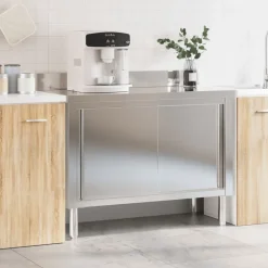 vidaXL Table de travail de cuisine avec portes coulissantes inox