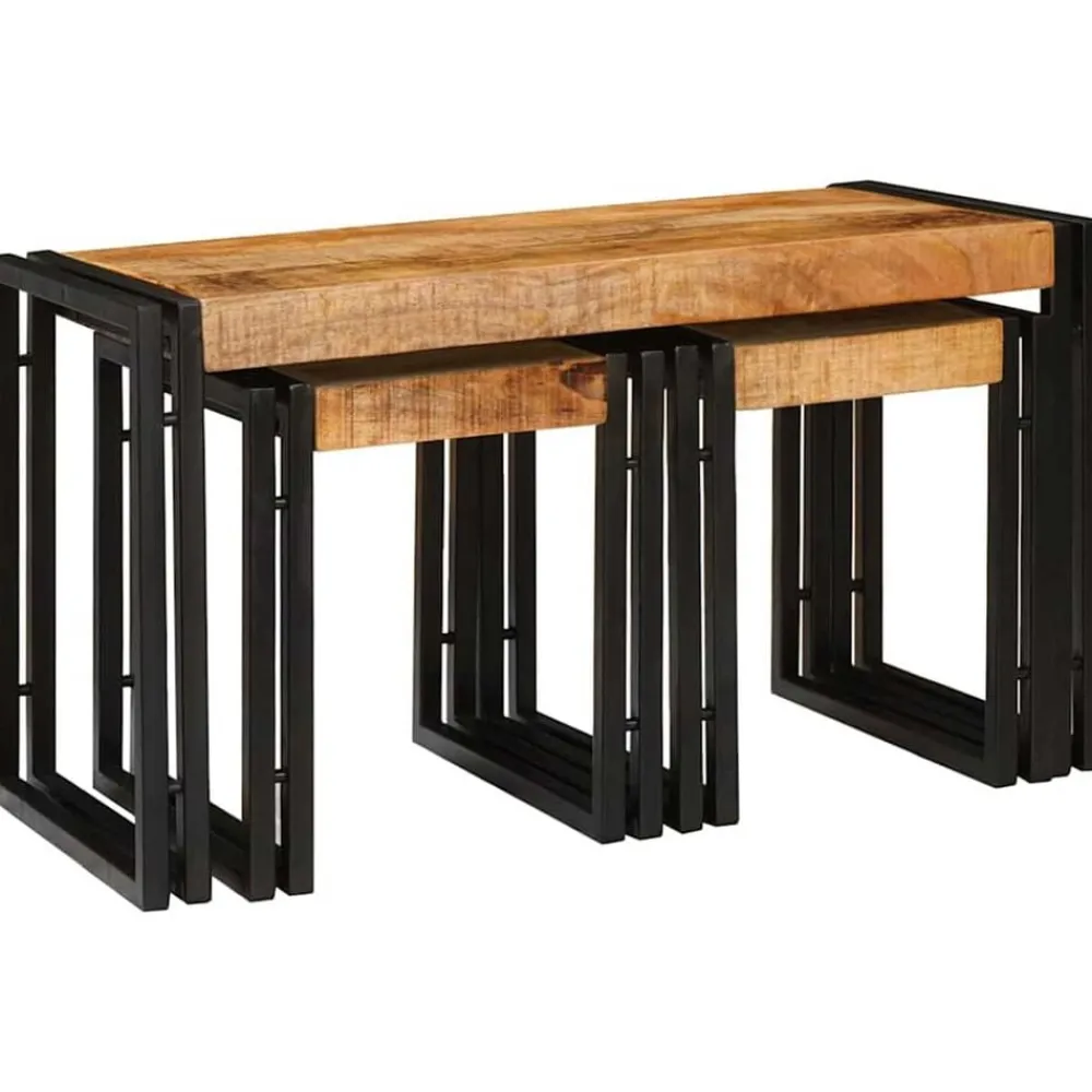vidaXL Table Gigogne 3 pcs Bois de Mangue Massif et Métal