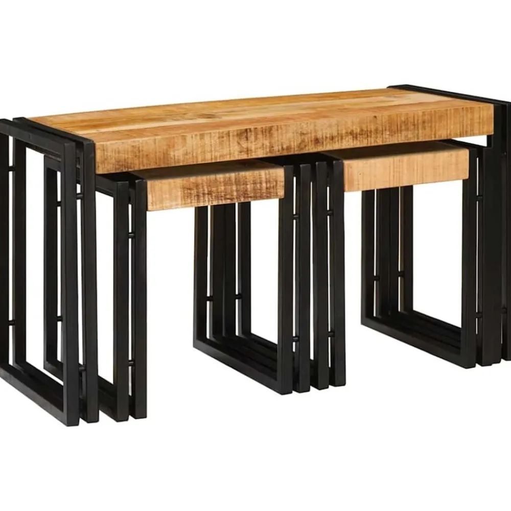 vidaXL Table Gigogne 3 pcs Bois de Mangue Massif et Métal