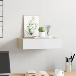 vidaXL Étagère murale à tiroirs en chêne et blanc 40 x 23,5 x 10 cm MDF