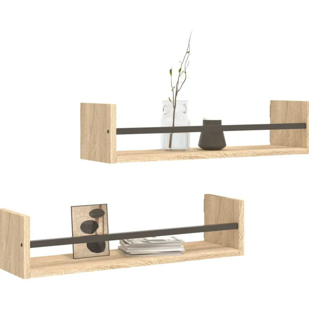 vidaXL Étagères murales avec barres 2 pcs chêne sonoma 60x16x14 cm