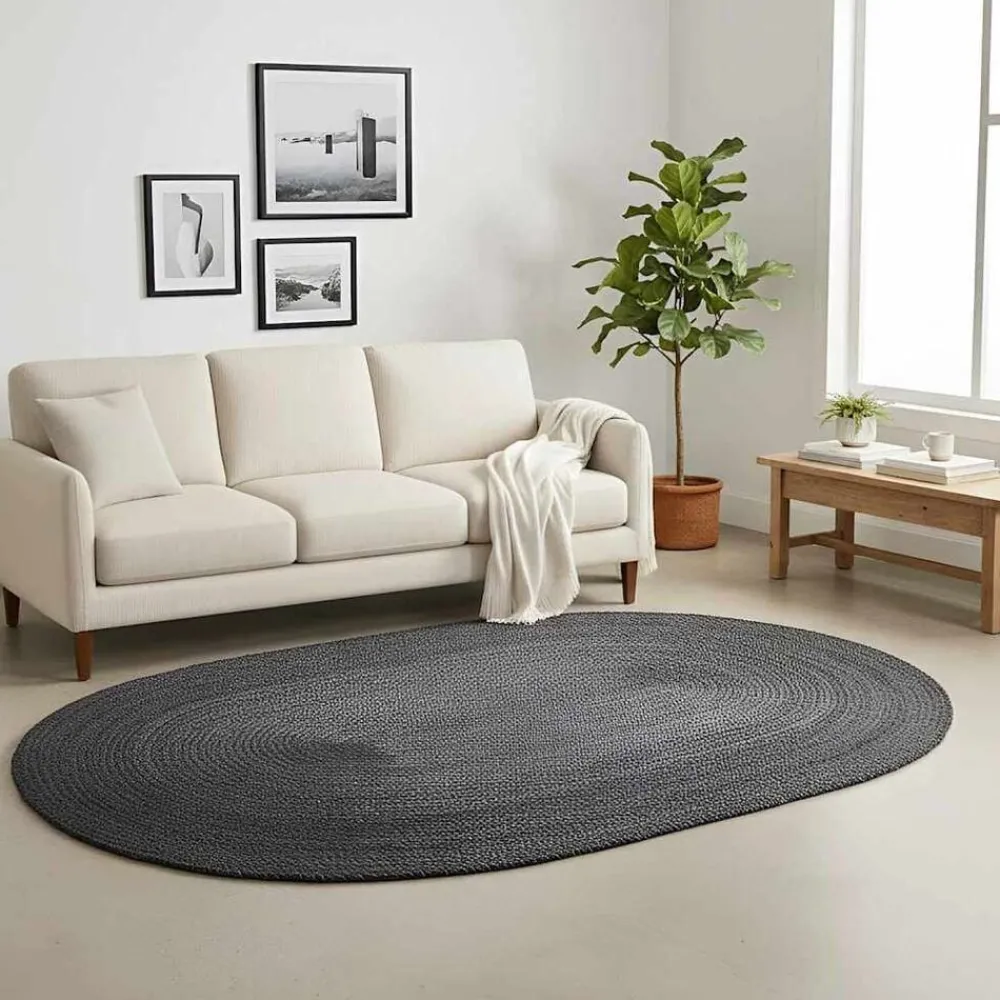 Décorations-vidaXL Tapis de surface ovale Noir 100 x 152 cm Jute Gris foncé