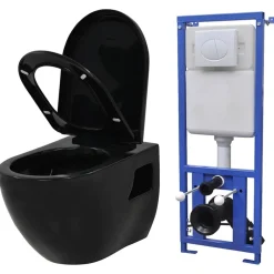Plomberie-vidaXL Toilette suspendue au mur avec réservoir caché Céramique Noir