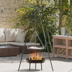 vidaXL Trépied de Feu de Camp 3 pcs Noir Acier