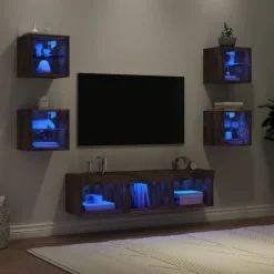 Meubles Tv-vidaXL Unités murales TV avec LED 7 pcs chêne fumé bois d'ingénierie Ch&ecirc;ne fumé