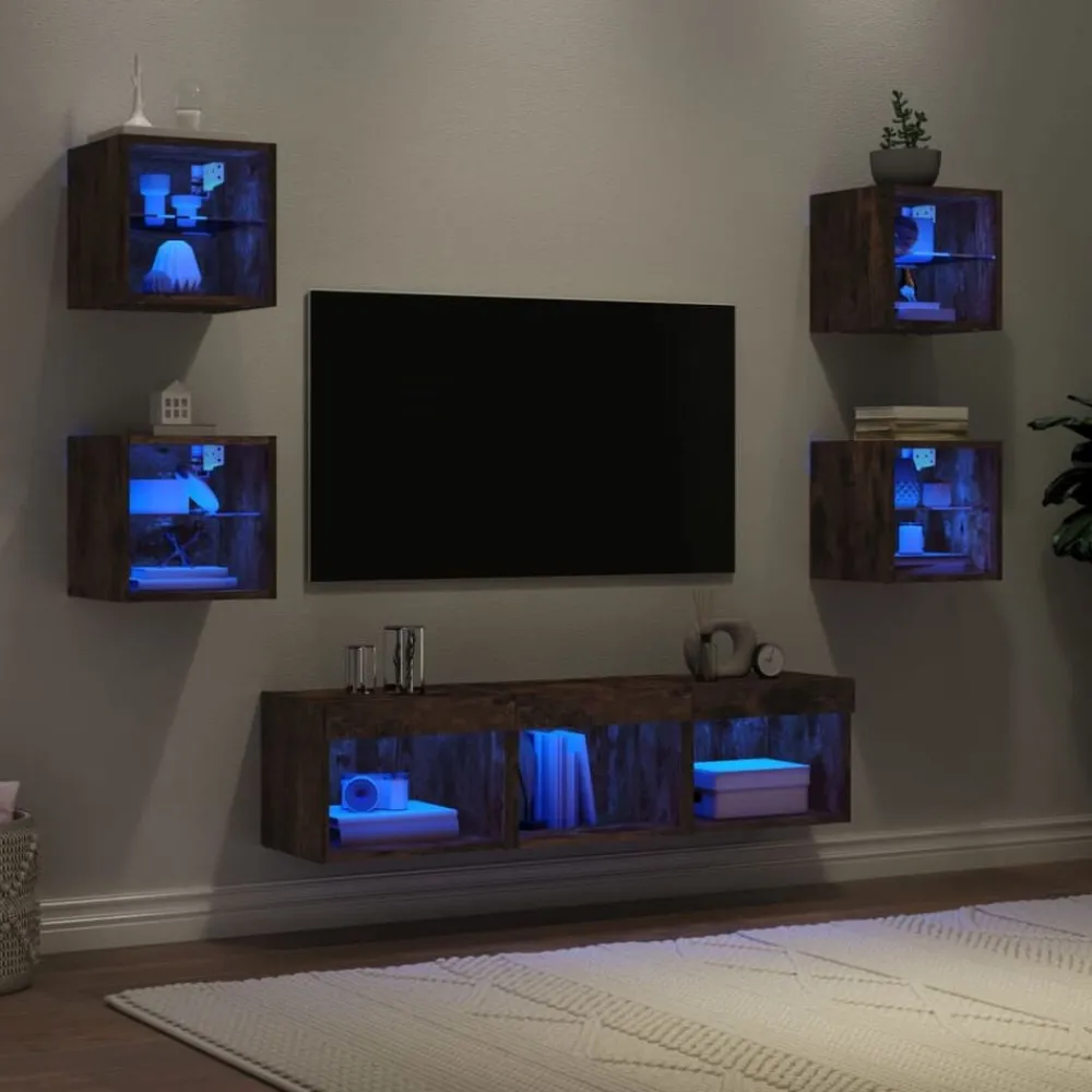 Meubles Tv-vidaXL Unités murales TV avec LED 7 pcs chêne fumé bois d'ingénierie Chêne fumé