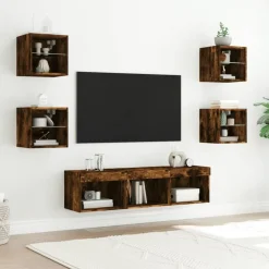 Meubles Tv-vidaXL Unités murales TV avec LED 7 pcs chêne fumé bois d'ingénierie Chêne fumé