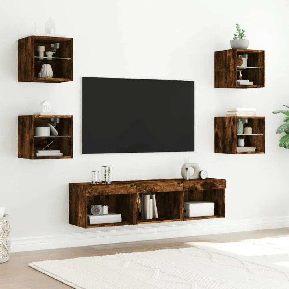 Meubles Tv-vidaXL Unités murales TV avec LED 7 pcs chêne fumé bois d'ingénierie Chêne fumé