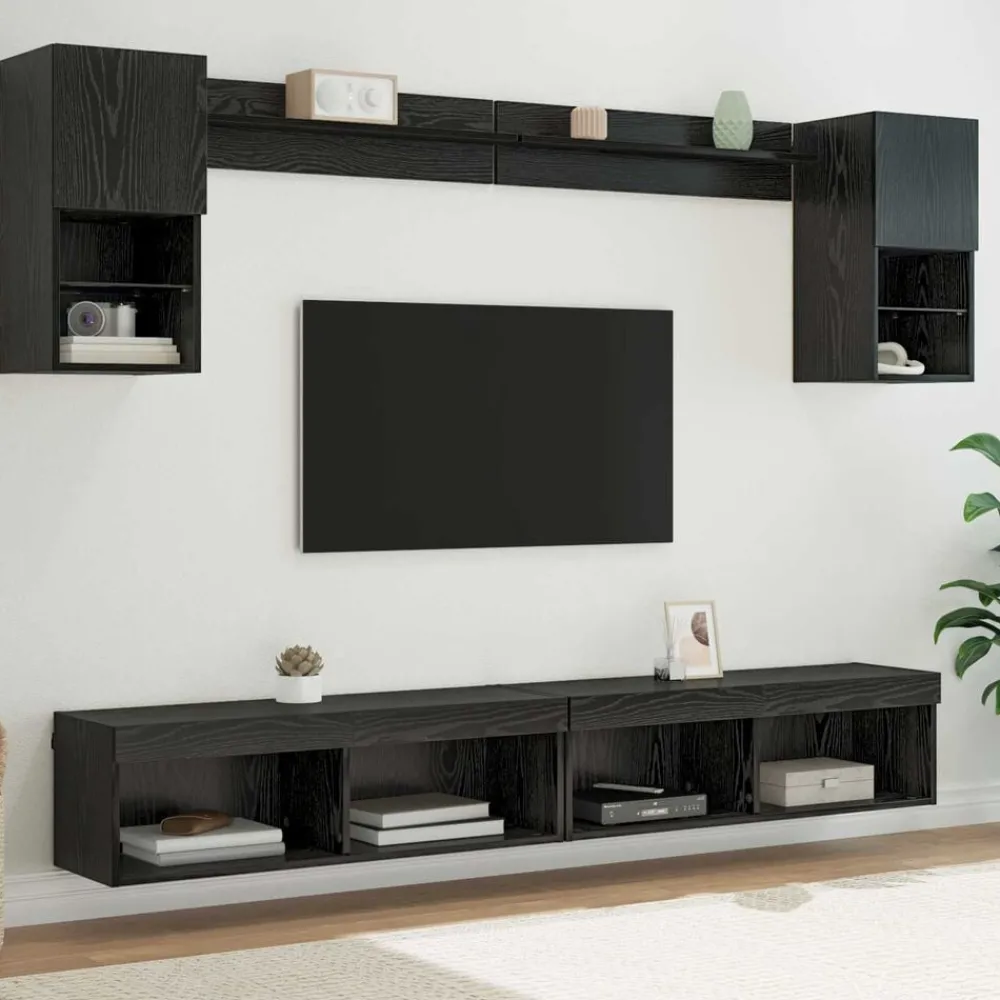 Meubles Tv-vidaXL Unités murales TV avec LED 6 pcs Chêne noir Bois d'ingénierie Chêne noir