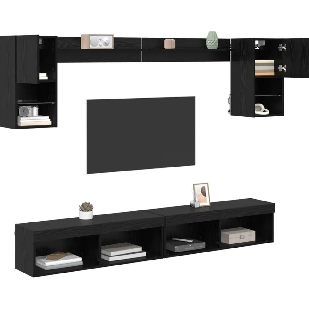 Meubles Tv-vidaXL Unités murales TV avec LED 6 pcs Chêne noir Bois d'ingénierie Chêne noir