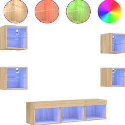 Meubles Tv-vidaXL Unités murales TV avec LED 7 pcs chêne sonoma bois d'ingénierie Chêne sonoma