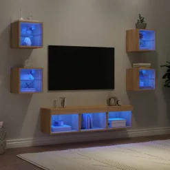 Meubles Tv-vidaXL Unités murales TV avec LED 7 pcs chêne sonoma bois d'ingénierie Ch&ecirc;ne sonoma
