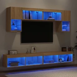 Meubles Tv-vidaXL Unités murales TV avec LED 6 pcs chêne sonoma bois d'ingénierie Ch&ecirc;ne sonoma