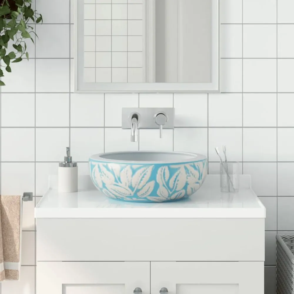 Plomberie-vidaXL Vasque à poser blanc et bleu rond Φ41x14 cm céramique Bleu clair