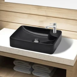 Plomberie-vidaXL Vasque à trou pour robinet céramique pour salle de bain Noir