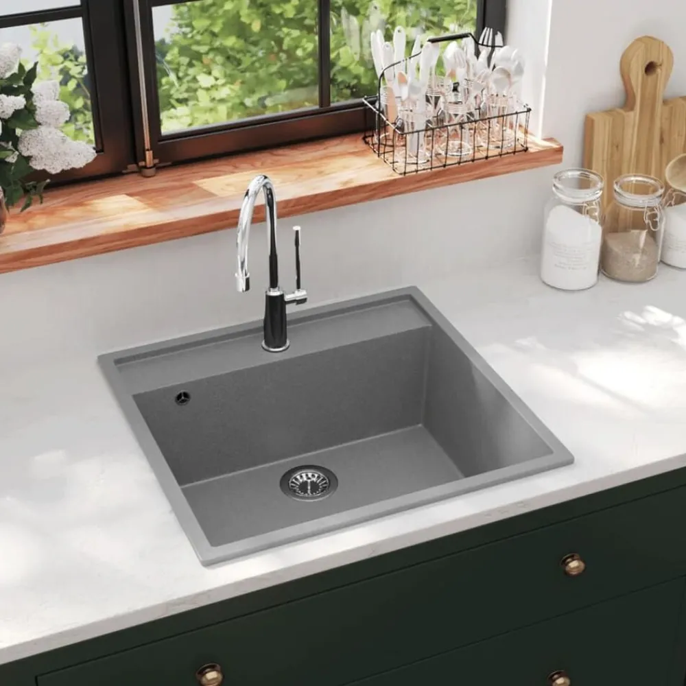 Plomberie-vidaXL Évier de cuisine avec trou de trop-plein Granit Gris