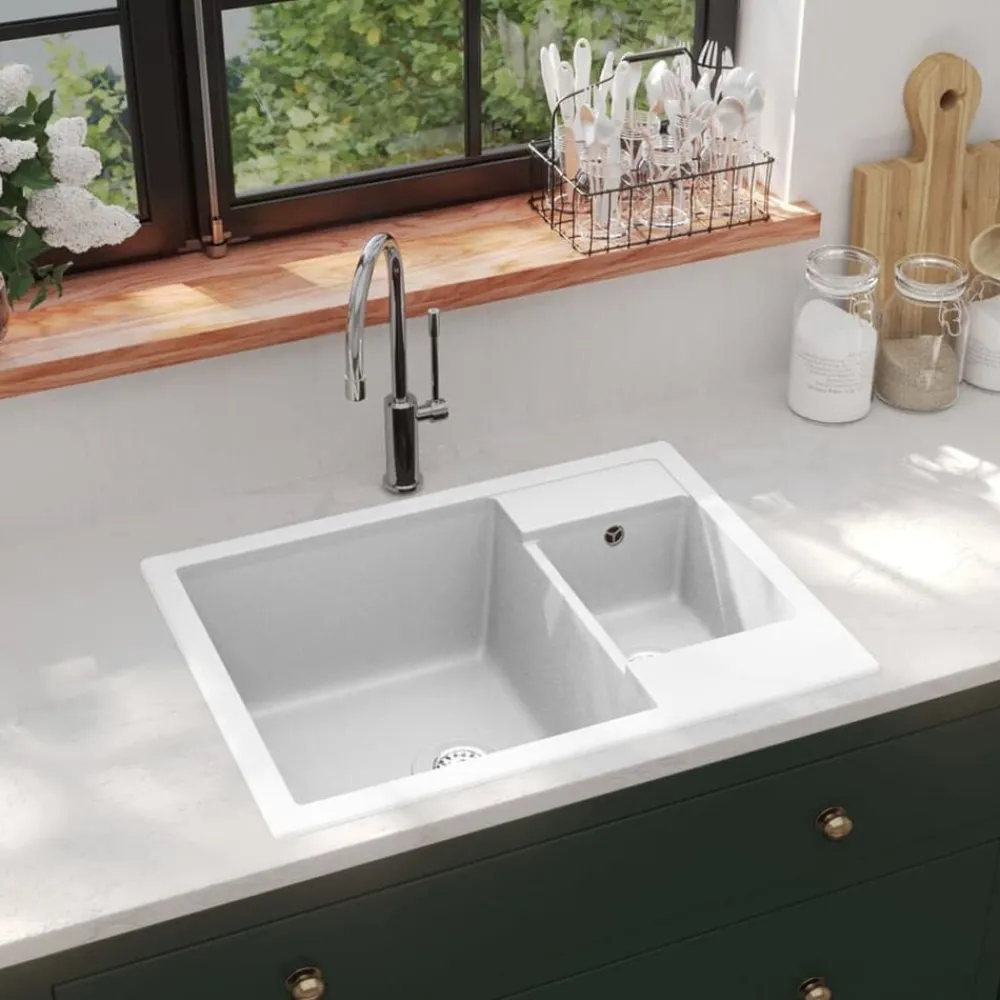 Plomberie-vidaXL Évier de cuisine deux lavabos trou de trop-plein Granit Blanc