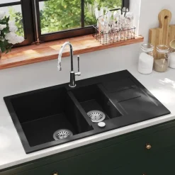 Plomberie-vidaXL Évier de cuisine en granit Double bac Noir