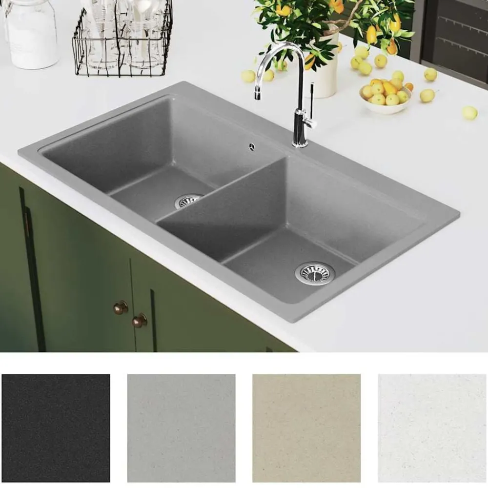 vidaXL Évier de cuisine encastrable à 2 bacs en granite blanc