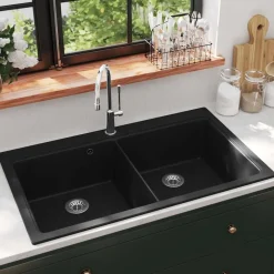 Plomberie-vidaXL Évier de cuisine encastrable à 2 bacs en granite Noir